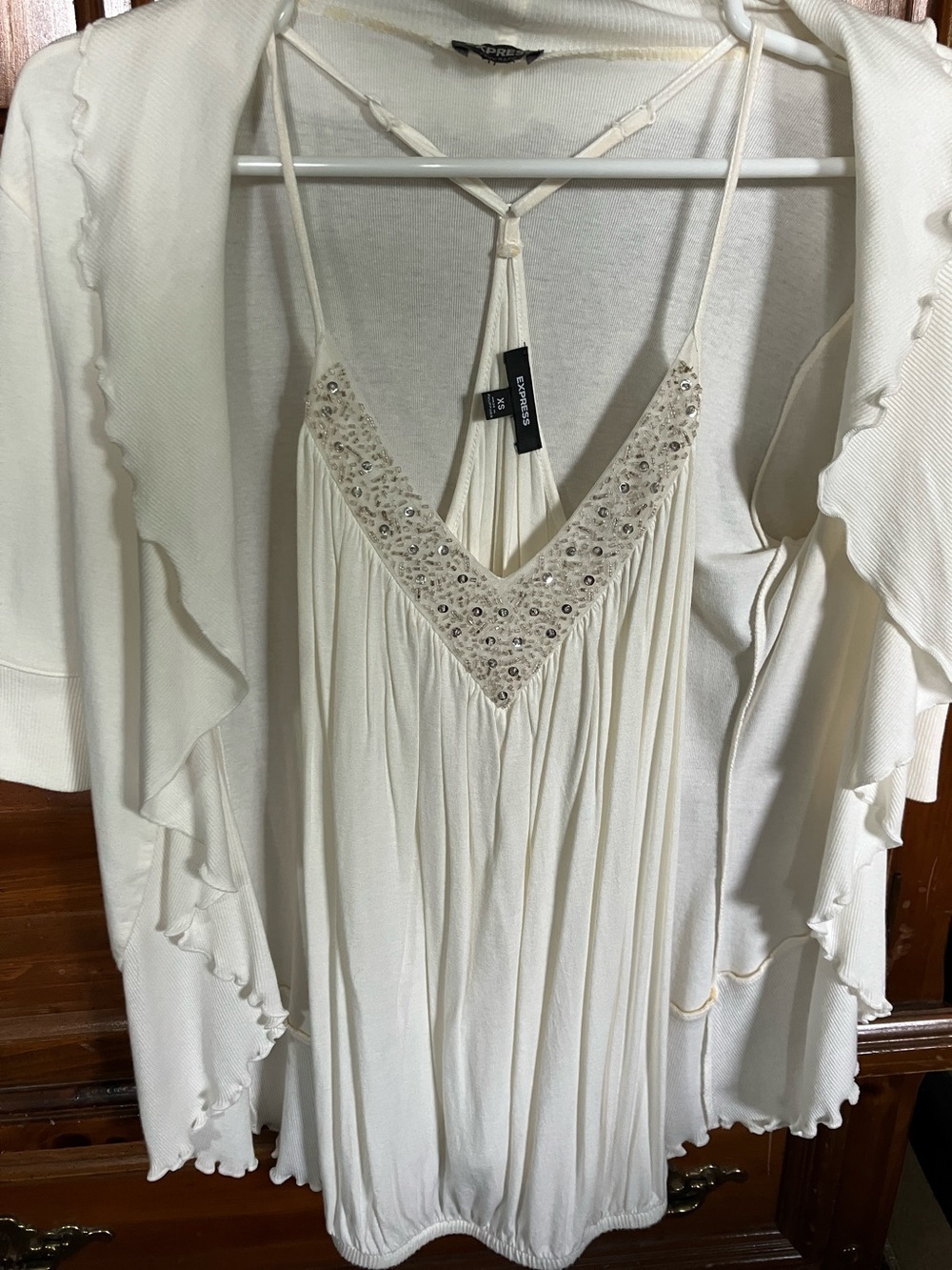 Express Cream Beaded V-Neck Spaghetti Strap Top and Ruffle Sweater